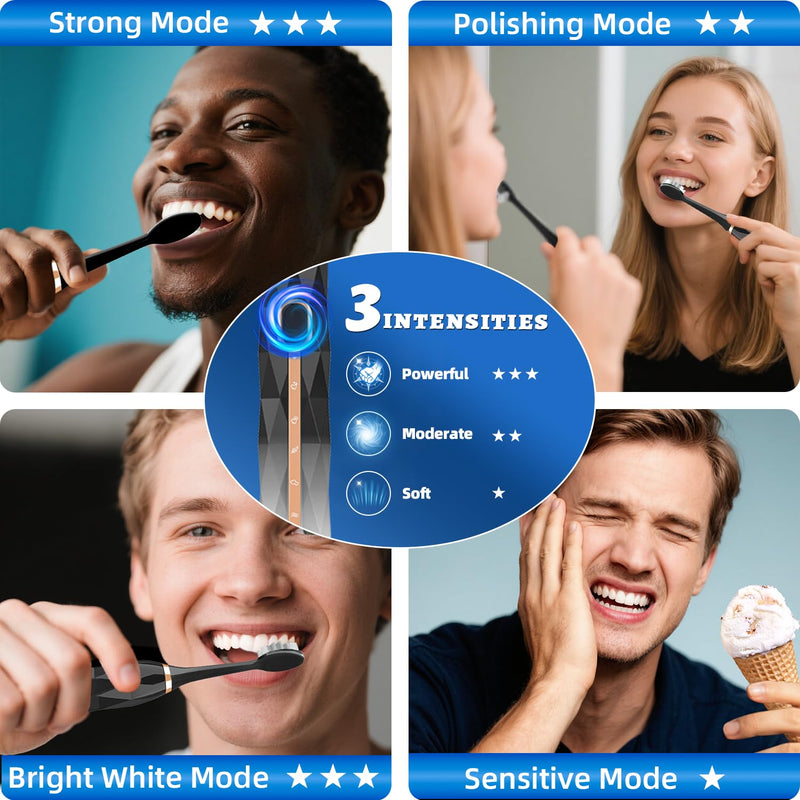 Adult Sonic Electric Toothbrush, USB Rechargeable Sonic Toothbrush, with 12 Brush Heads, 5 Modes, Equipped with Cleaning Brush, Brushing and Washing Two in one Black White