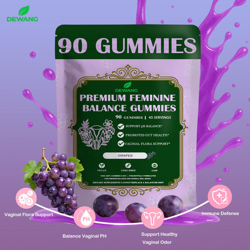 DEWANG Premium Feminine Balance Gummies for Women’s - Immune Support& PH Balance - Vegan, Gluten-Free - Grapes Flavor, 90 Count 45 Servings (2, Grape) 2