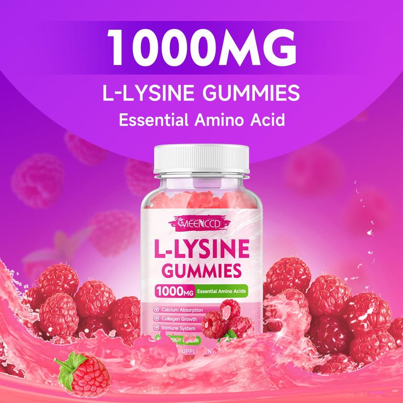 MEENCCD 2 Pack L-Lysine 1000mg Gummies, Lysine Supplement for Adults & Kids, Essential Amino Acid Supplement Supports Collagen Formation, Sugar-Free, Raspberry Flavor, 120 Count 60 Count (Pack of 2)