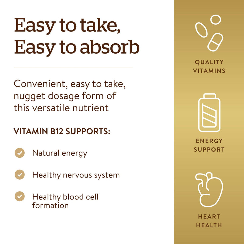 Solgar Vitamin B12 1000 mcg, 100 Nuggets, Energy Production Red Blood Cells | Healthy Nervous System, Promotes Cardiovascular Health, Vitamin B, Non-GMO, Gluten-Free, Kosher, 100 Servings 100 Count (Pack of 1)
