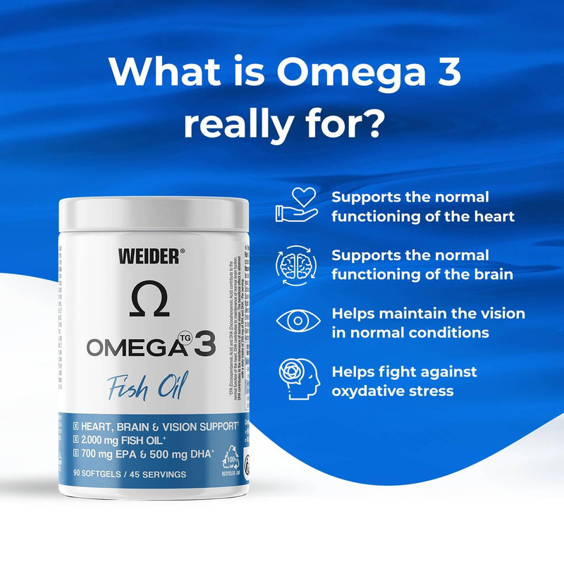 Weider Omega 3 (90 Softgels) with Fatty Acids EPA and DHA, Vitamin E, Support the Normal Functioning of the Heart, Brain and Vision Fish 90 softgels