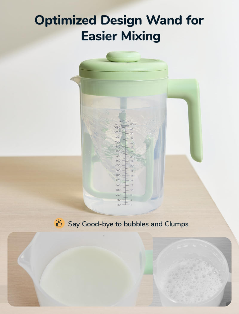 [Australia] - Electric Baby Formula Mixing Pitcher, Bi-directional Alternating Stirring | No Air Bubble | No Clumps | No Drip Spout | Spill-free Lid | Infant Formula Pitcher Mixer 36Oz, BPA Free -Green Green 