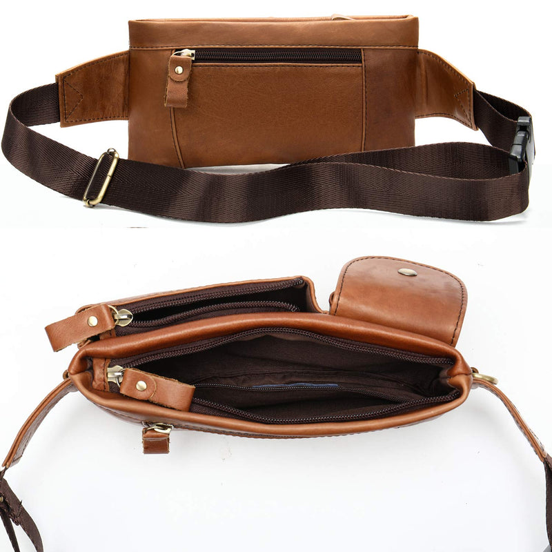 Genuine Leather Fanny Pack for Men Women Small Waist Purse Travel | Brown Sling Cross Body Waist Bag, Lightweight Belt Bag for Walking Hiking, Adjustable Strap, Mulit-pockets