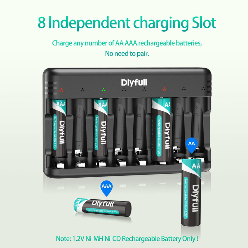[Australia] - Dlyfull 8 Bay AA AAA Battery Charger with USB-C High-Speed Charging, Independent Slot for 1.2V Ni-MH Ni-CD Rechargeable Batteries, Cable Included 