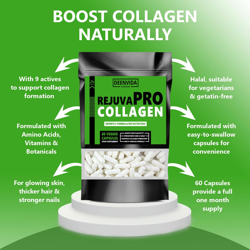 RejuvaPro Collagen Booster Supplement, Multi-Nutrient Vegan Collagen for Women & Men, for Skin, Hair & Nails, Halal & Suitable for Vegetarians, 1 Month Supply, 60 Capsules, DeenVida Nutrition
