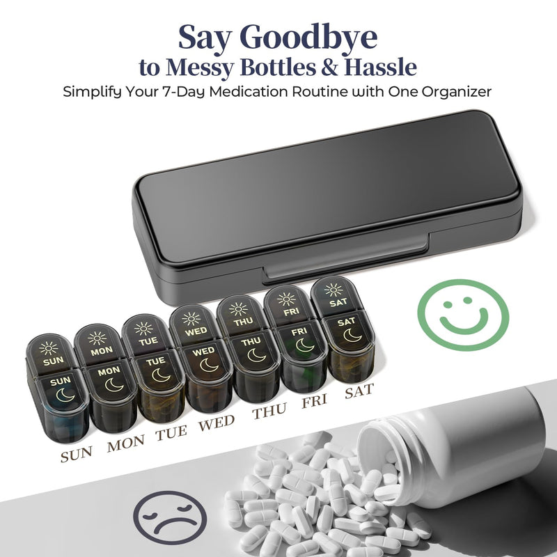 Betife AM PM Pill Organizer 7 Day, Weekly Pill Organizer Box 2 Times a Day | Portable Travel Pill Organizer, Cute, Easy Open, Airtight, Fashion, Dust-Proof, Reusable, Sturdy for Medication, Vitamin Black