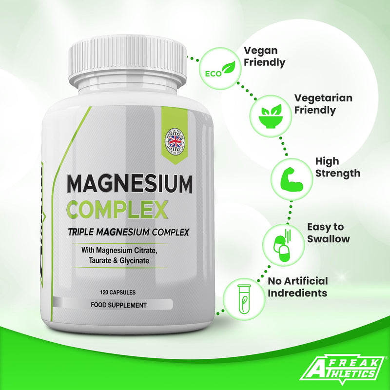 Freak Athletics Triple Magnesium Complex - Magnesium Supplements with Magnesium Citrate, Glycinate & Taurate - 120 Capsules - UK Made