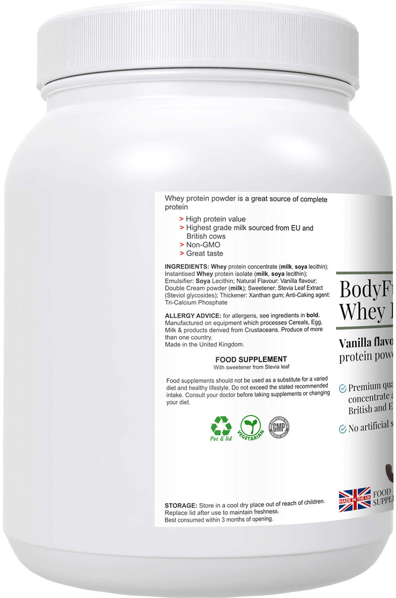 BodyFuel Whey Protein Isolate & Concentrate Vanilla Flavour – NO Artificial Sweeteners - NO GMOs - Vegetarian, 600g powder