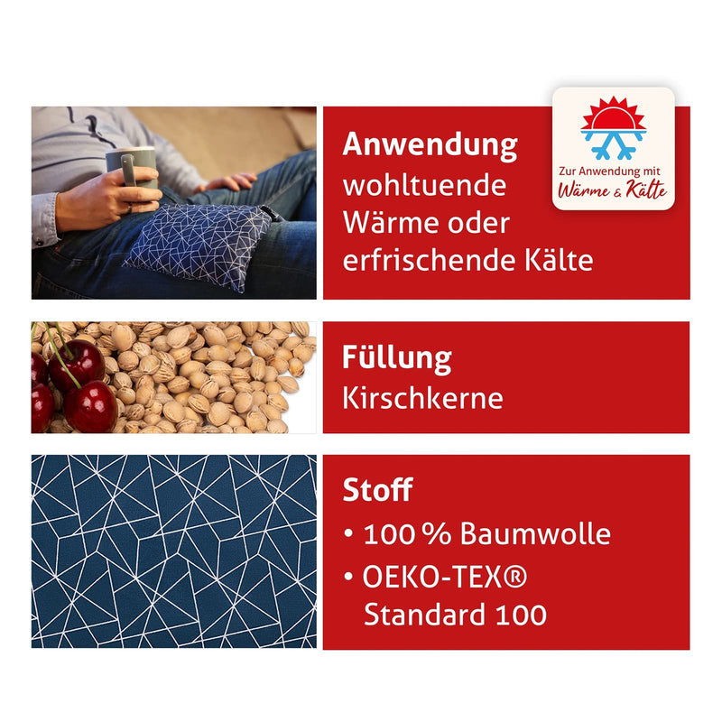 [Australia] - navango® cherry stone pillow | Grain pillow suitable for microwave & oven | Navy blue with mesh pattern | With cherry stone filling handmade in Germany | approx. 30 x 20 cm | OEKO-Tex cotton 