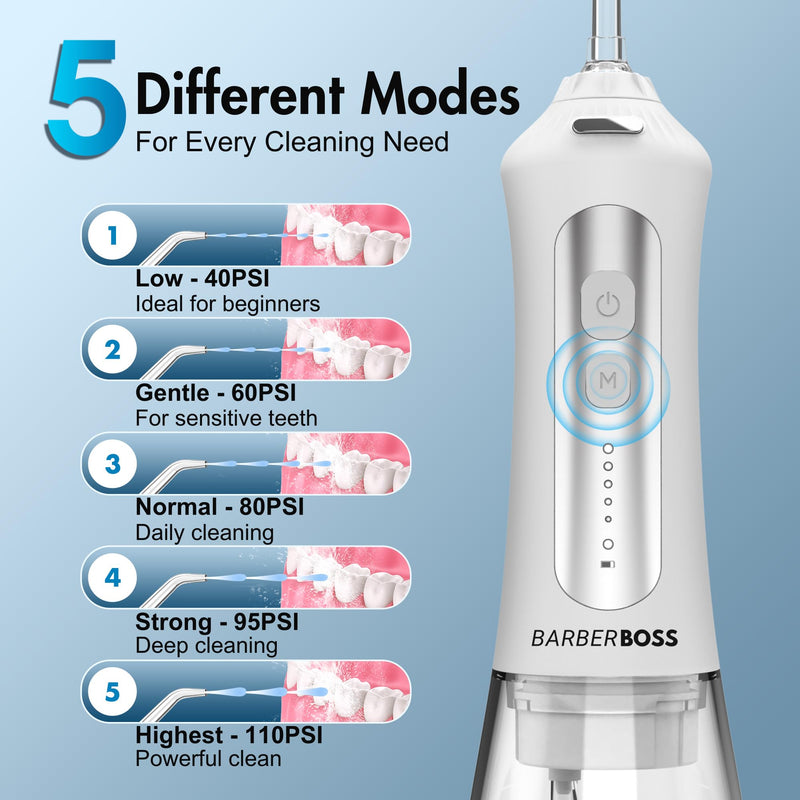 [Australia] - BarberBoss Water Flosser, Plaque Remover for Teeth, Oral Irrigator, Electric Dental Flosser, Dental Irrigator with 5 Nozzles and Cleaning Modes, Portable Oral Irrigator, QR-7024 (White) 