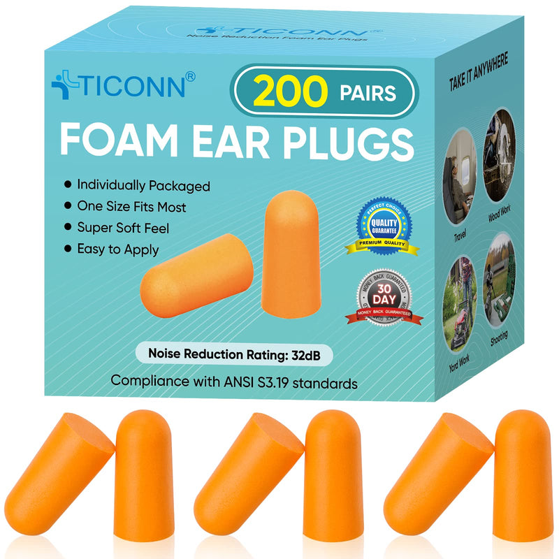 [Australia] - TICONN 200 Pairs Ear Plugs, 32dB Noise Reduction Earplugs for Sleeping Hearing Protection Travel Study Concentration Construction Site (200 Pairs) 0.0 Diopters 0.25 Inches 0.50 Inches 200.0 