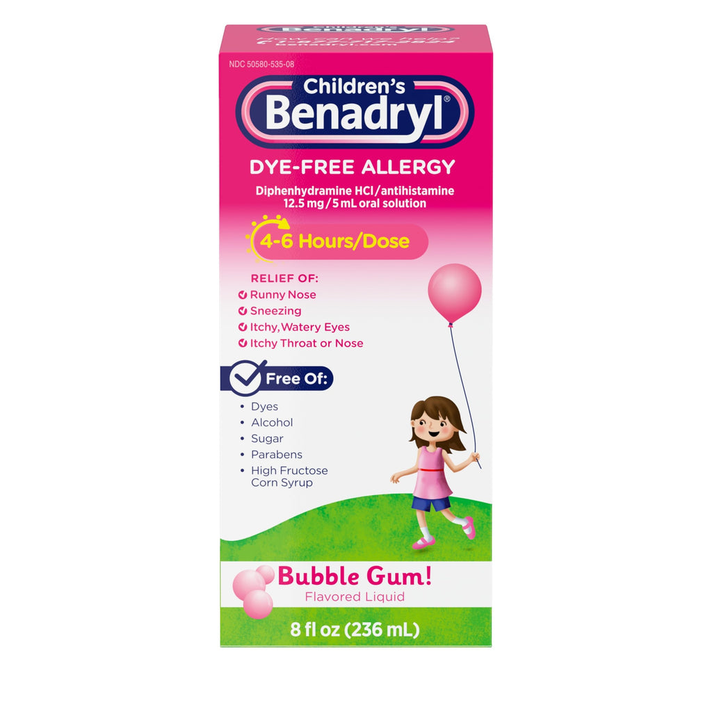 Benadryl Children's Dye-& Sugar-Free Allergy Relief Liquid Medicine with Diphenhydramine HCl, Antihistamine Allergy Medicine for Kids, Dye-Free, Alcohol-Free, Bubble Gum Flavor, 8 fl. Oz Bubblegum 8 Fl Oz