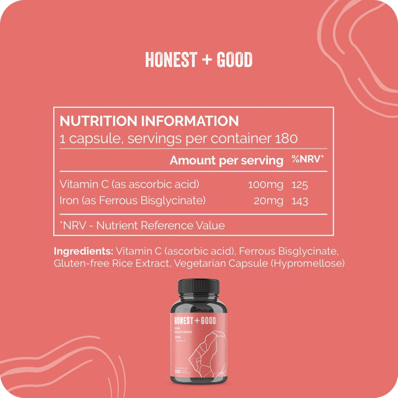 Honest + Good Iron Bisglycinate 20mg + Vitamin C 100mg | 180 (6 Months) Vegan Capsules | Chelated for High Absorption | Pure, Natural & Gentle Supplement | Energy, Immune, Skin & Joint Support