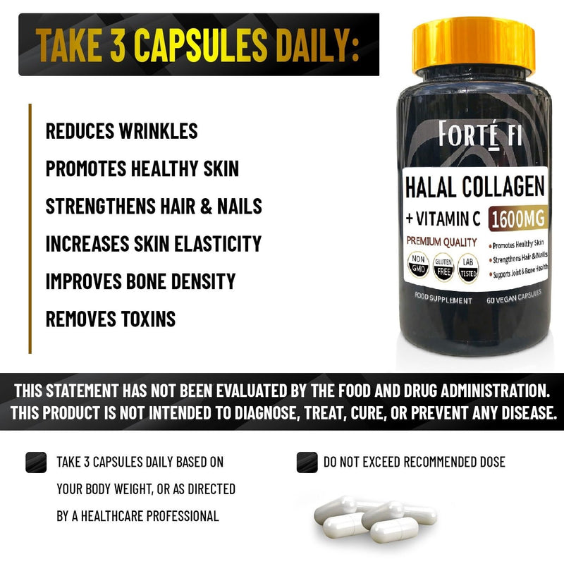 Halal Collagen - Complex with Vitamin C – Supports Skin, Hair, Joint Health - Collagen Halal- 1600mg per Serving