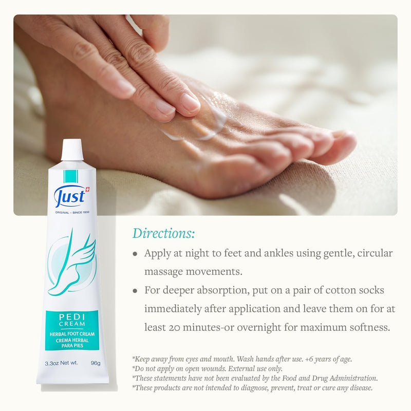 [Australia] - Swiss Just Pedicream Foot Cream 3.4 Fl oz- Nourishing Foot Care Kit with a High Concentration of Almond Oil for Skin - Soothing and Moisturizing Natural and Herbal Formula for Dry and Cracked Feet 