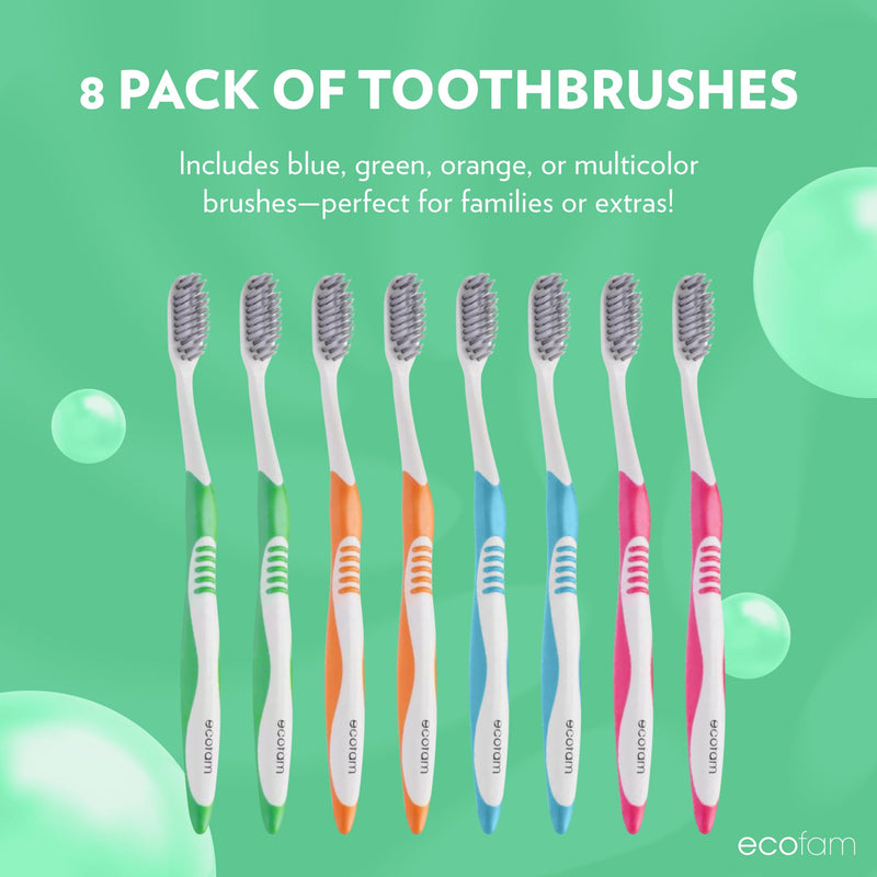 ECOFAM Compostable Toothbushes, Dual Action Flossing Bristles, Silver Infused Soft Bristle Toothbrush, Natural Toothbrushes for Adults, Multi Color, 8-Pack 8 Pack