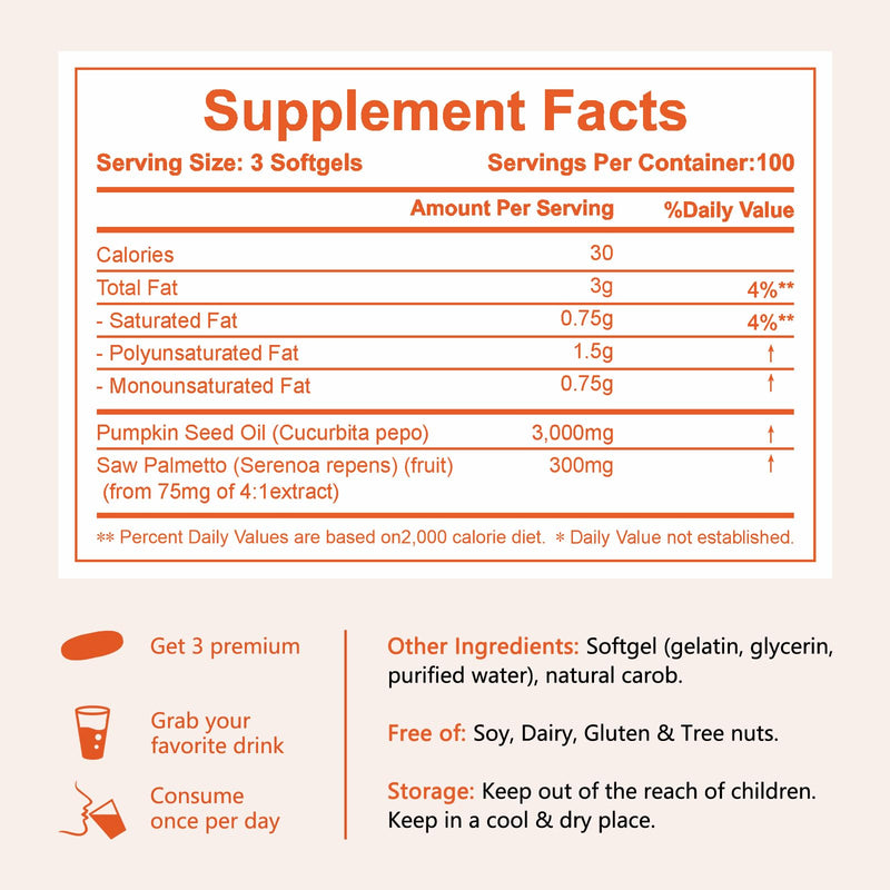 [Australia] - Pumpkin Seed Oil with Saw Palmetto, 3000mg Per Serving, 300 Softgels | Cold Pressed, Pure Virgin Oil, Essential Fatty Acids & Phytosterols | Supports Hair, Urinary, Bladder & Prostate Health | Non-GMO 