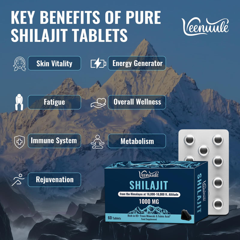 Shilajit Tablets 30,000 mg, 100% Pure Himalayan Shilajit (1000 mg Per Serving), Rich in Fulvic Acid & 85+ Trace Minerals, Shilajit Resin Supplement for Energy & Immune Health (60 Count (Pack of 1)) 60 count (Pack of 1)
