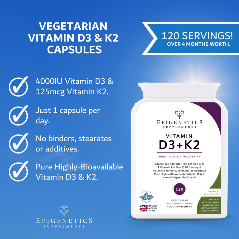 Vitamin D3 K2 Capsules | Additive-Free 4,000 IU Vitamin D & 125mcg VIT K MK7 | Long 4 Months Supply | 120 Vegetarian Friendly & Made in the UK by Epigenetics Supplements