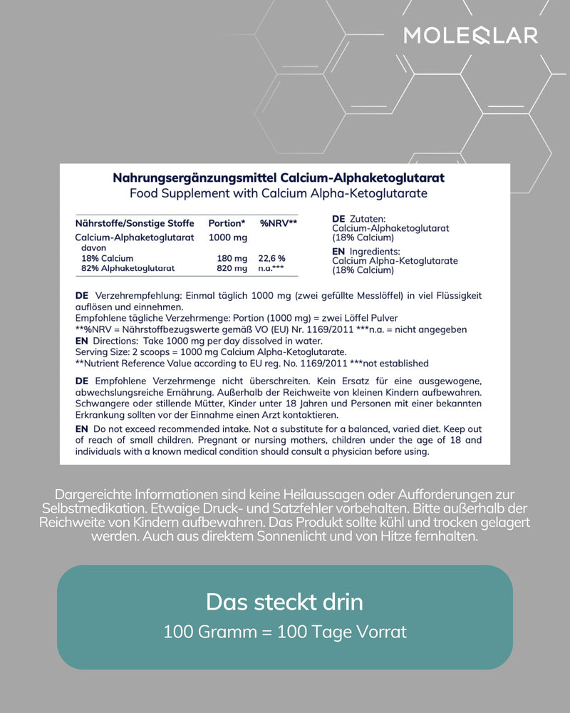 [Australia] - MoleQlar CaAKG powder high dosage - storage pack (100 grams for 100 days) vegan premium calcium alphaketoglutarate - 1000 mg calcium AKG per serving - laboratory tested in DE 