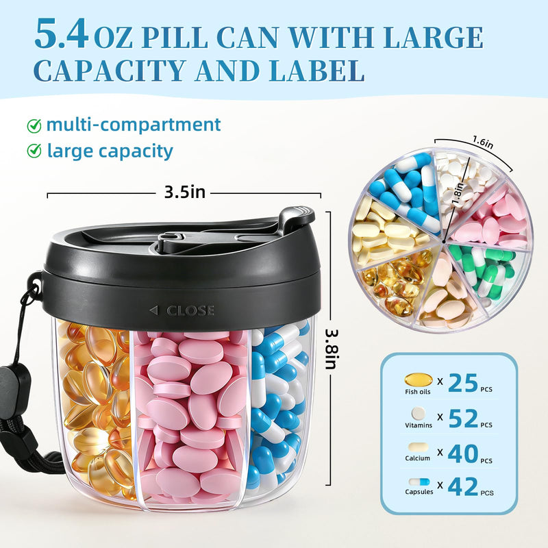 Pill Organizer,Travel Essentials Pill Container, Travel Pill Dispenser with Black Lid，Pill Case Having 7 Large Compartments,Vitamin Organizer for Home Organization,Travel Containers