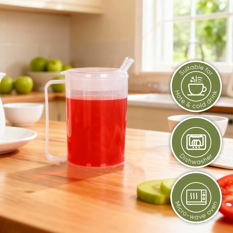 Adult Beaker for Elderly Non Spill, 400ml Sippy Cup for Adults with 2 Lids & Measurement Scale, PP Plastic Drinking Cup for Hot Drinks, Care Home Beaker for Arthritis Stroke Single Handled Drinking Cup