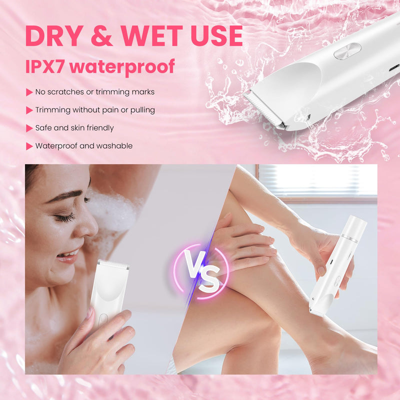 [Australia] - Bikini Trimmer for Women-2 in 1 Dual Head Electric Razors,IPX7 Waterproof Bikini Electric Shaver,Dry & Wet Use Painless Bikini Shaver,Pubic Hair Trimmer for Private Area & Body Hair,White White 