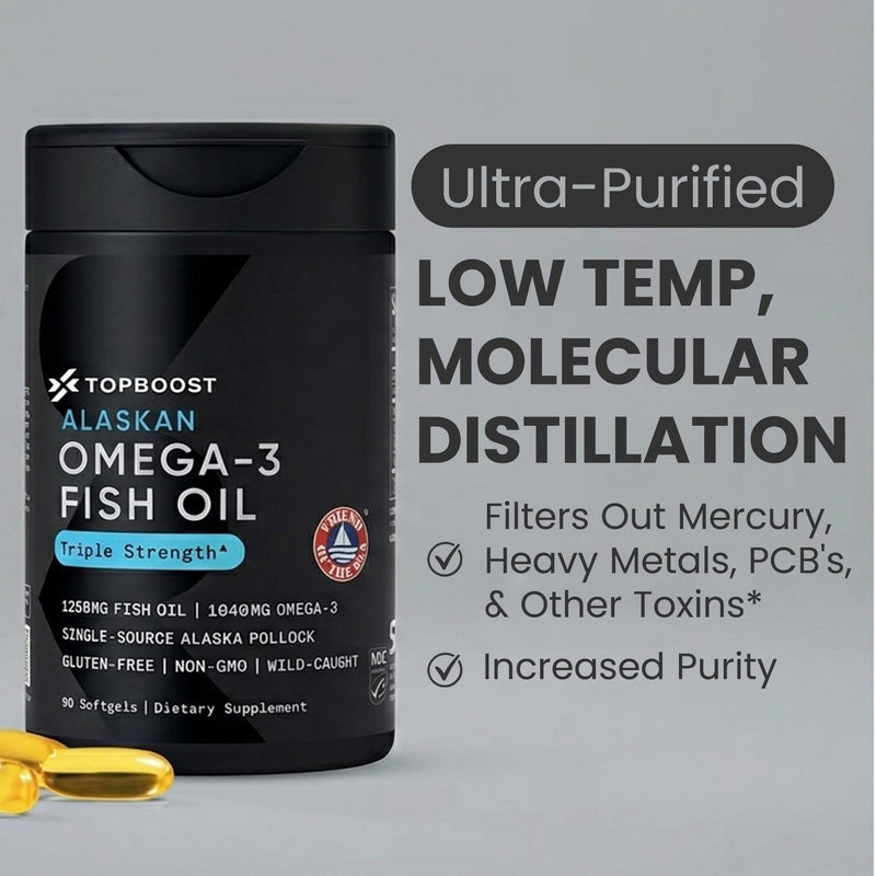 TopBoost Omega-3 Fish Oil 1250 - Triple Strength Fish Oil Supplement from Wild Alaska Pollock - Sustainable · Non-GMO · Soy Free - 90 Softgel Capsules