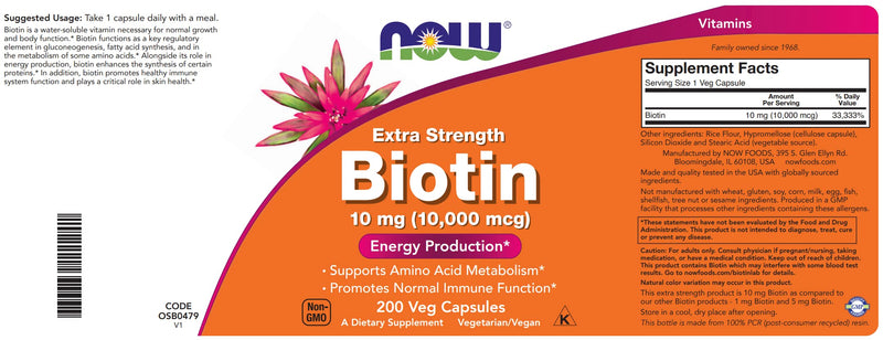 NOW Foods Extra Strength Biotin 10,000mcg / 10 mg - 200 Veg Capsules (Pack of 2) - Hair, Skin, Nail - Supplement for Men and Women - B7 Vitamin - Vegetarian, Vegan, Non-GMO 200 Count (Pack of 2)