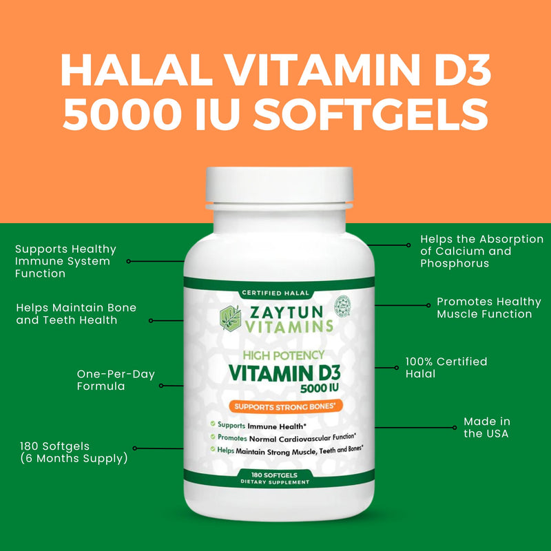 Zaytun Halal Vitamin D3 5000 IU, 6 Months Supply, Supports Bones, Healthy Muscle Function & Immune, Premium Vitamin D from Safflower Oil, Non-GMO, Gluten-Free, 180 Mini Softgels - Made in USA 1
