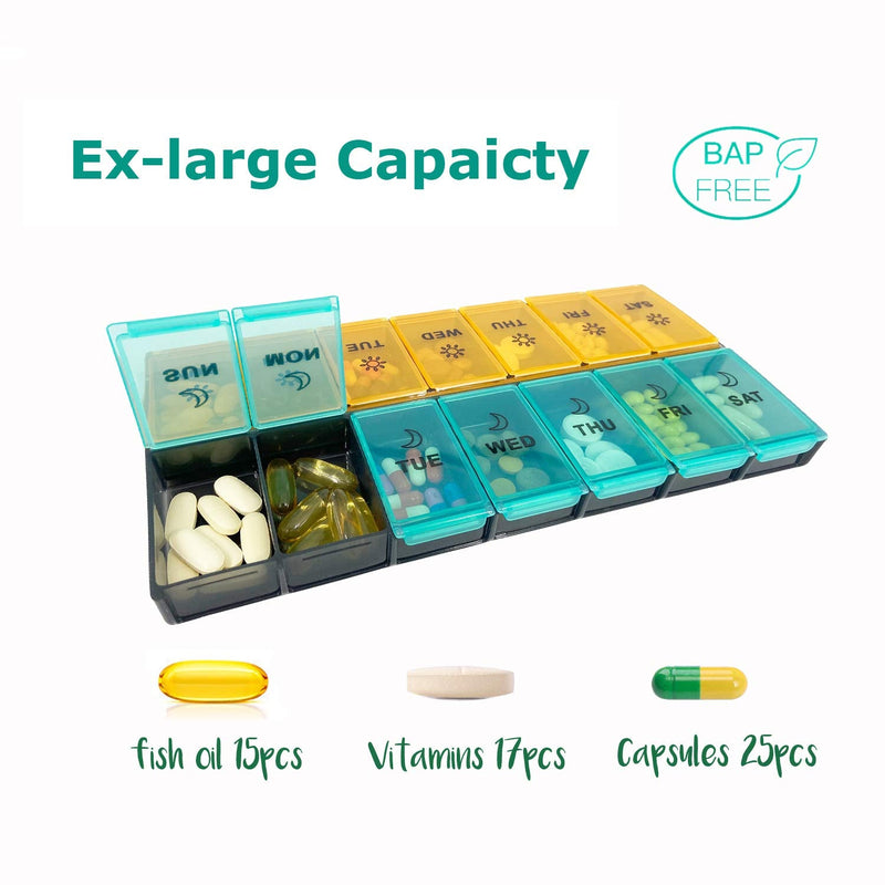 [Australia] - Mossime XL Large Daily Pill Organizer 2 Times a Day, Extra 7 Day Pill Box Am Pm, Weekly Day Night Vitamin Holder, Medicine Organizer, Big Pill Container, Medication Dispenser 14 Compartments Blue-orange 