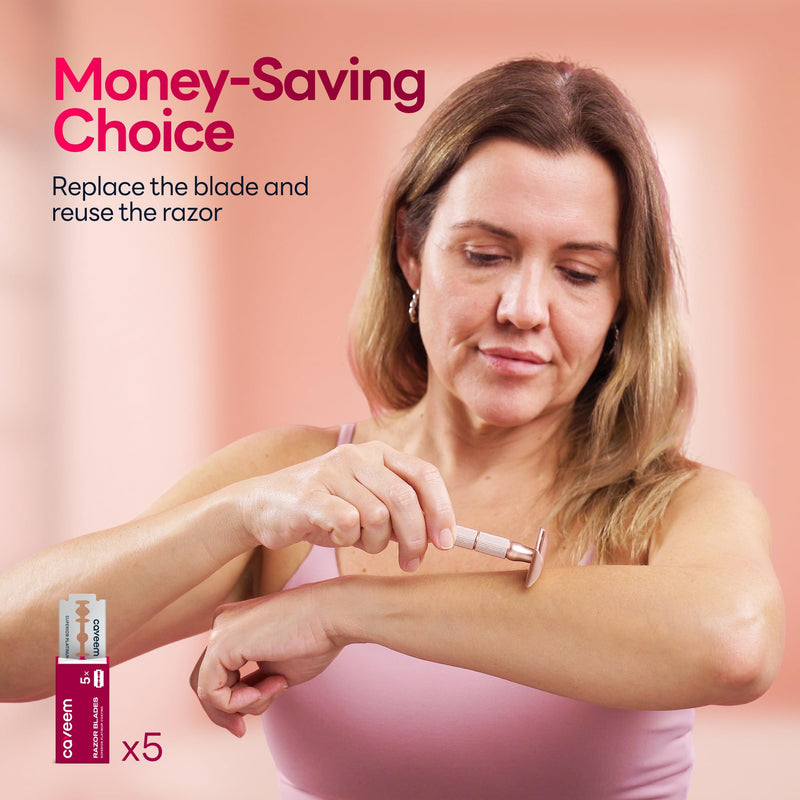 Rose Gold Double-Edge Safety Razor, Single-Blade Razors with 5 Stainless Steel Blades, Reusable Metal Razor for Men and Women 1 Count (Pack of 1) Rose Gold Razor