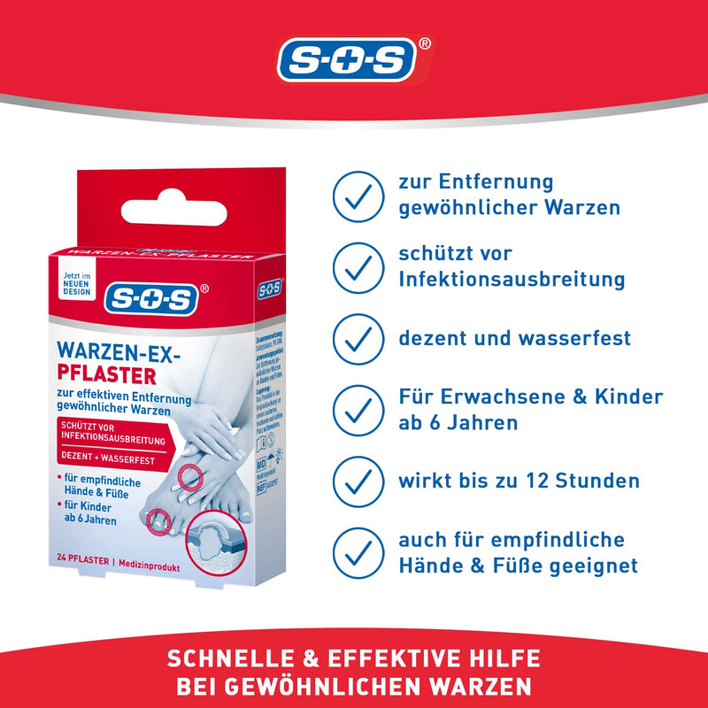 [Australia] - SOS Warzen-Ex plaster - wart plaster for removing common warts on the hand and foot - waterproof - for children aged 6 and over - 24 plasters 1 