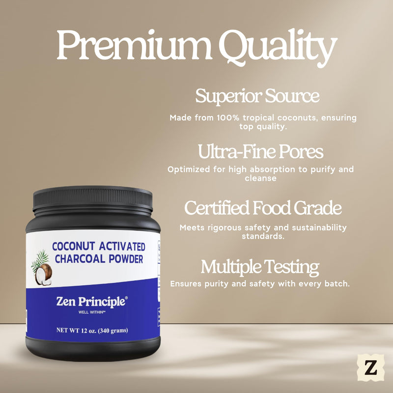 [Australia] - Zen Principle Coconut Activated Charcoal Powder. Whitens Teeth, Rejuvenates Skin and Hair, Supports Better Digestion. USA-Owned Producers, Free Scoop, 12 Oz 12 Ounce (Pack of 1) 