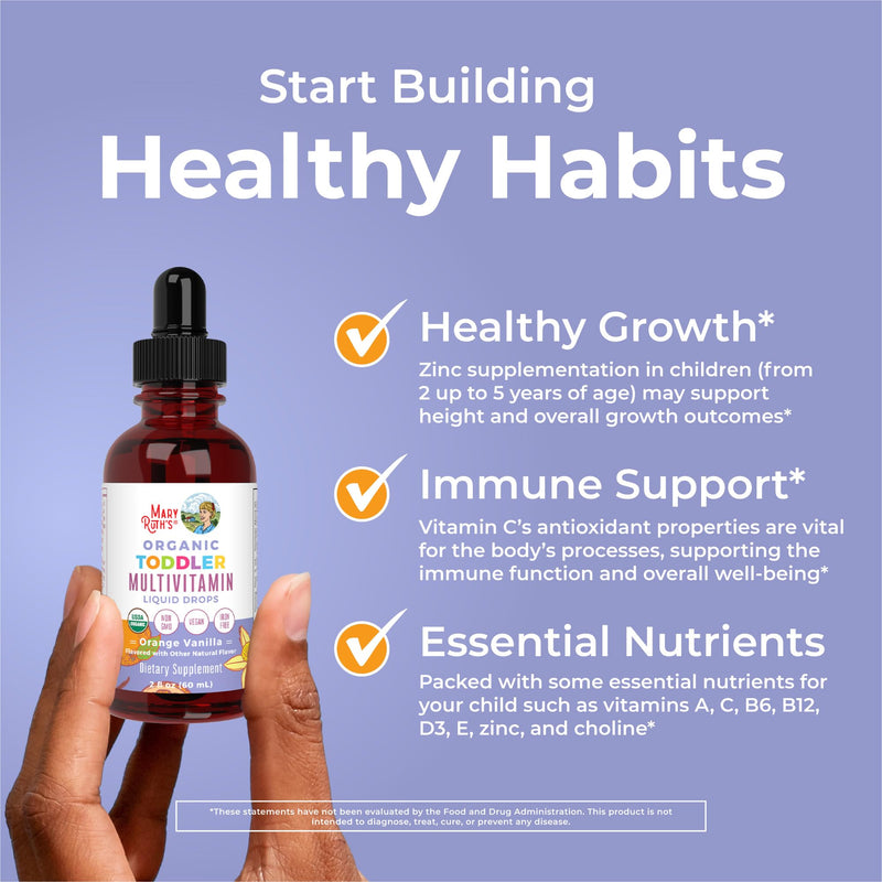 MaryRuth's Organic Toddler Multivitamin Drops,Vegan,Sugar Free,30 Servings | Vitamin A C D E B6 B12 Zinc, Healthy Growth Support, Immunity & Bone Health & Cognitive Function Toddler Multi