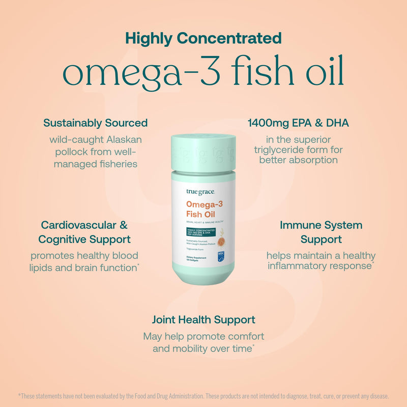 True Grace Omega-3 Fish Oil - 120 Softgels - 1400 mg EPA + DHA - Brain, Heart, Joint & Immune Health - Organic, Gluten Free, Soy Free 60 Day Supply