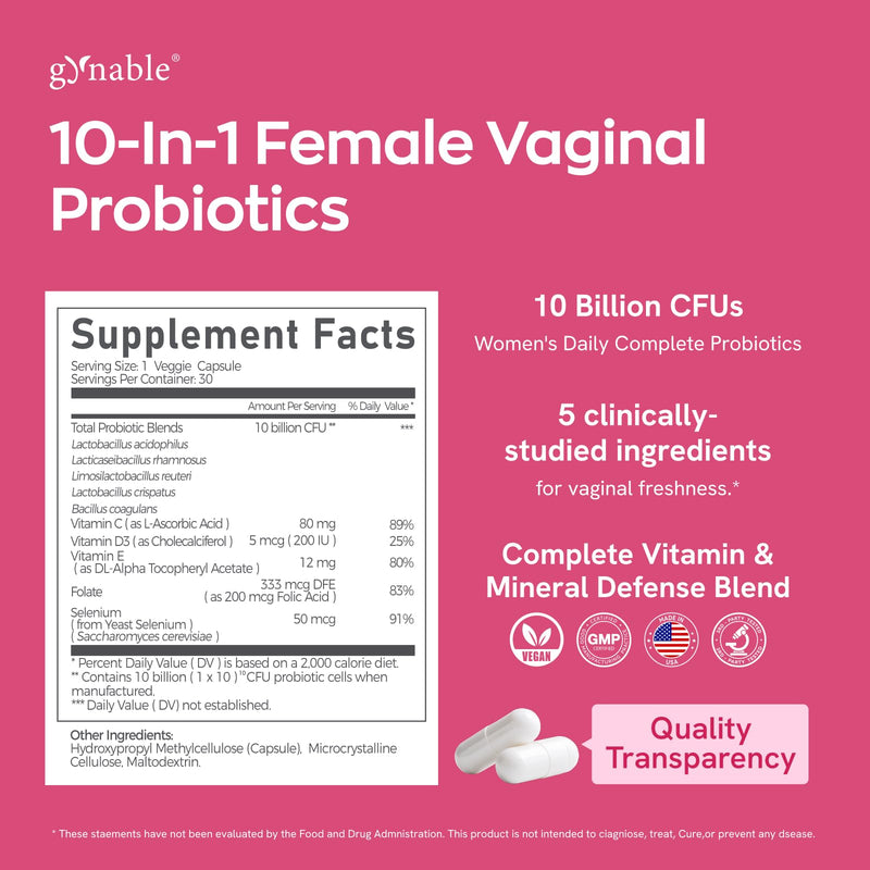 Gynable Vaginal Probiotics for Women Odor & Itch Support, pH Balance | Female Probiotics,10 Billion CFU Lactobacillus Probiotics Blend,Selenium,Vitamin C/E/D3 Promote Immune Health,60 Count 2