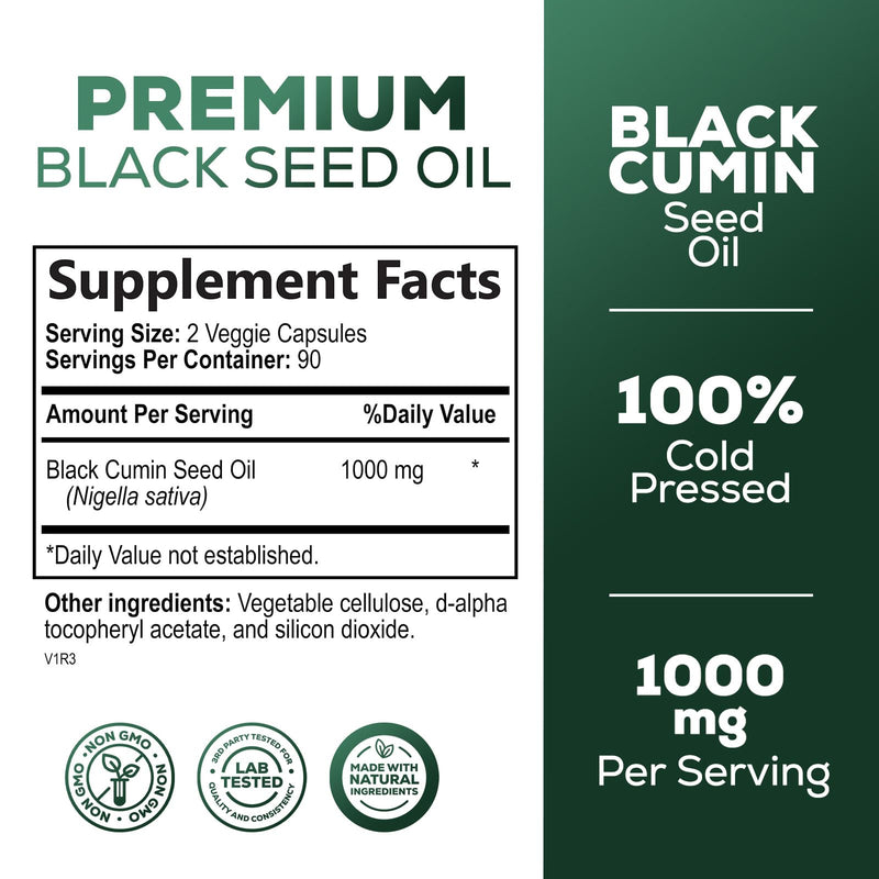 [Australia] - Black Seed Oil Capsules 1000mg - Vegan Cold-Pressed Nigella Sativa Black Seed Oil, Nature's Pure Black Cumin Seed Oil for Immune, Hair and Brain Support, Non-GMO - 180 Capsules 180 Count (Pack of 1) 