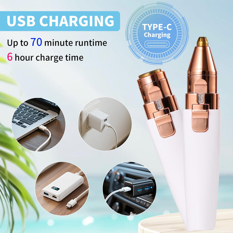 [Australia] - Facial Hair Removal for Women,2 in 1 Electric Hair Removal Device for Chin Upper Lip Peach Fuzz & Rechargeable Eyebrow Trimmer with LED Light for Precise Shaping 
