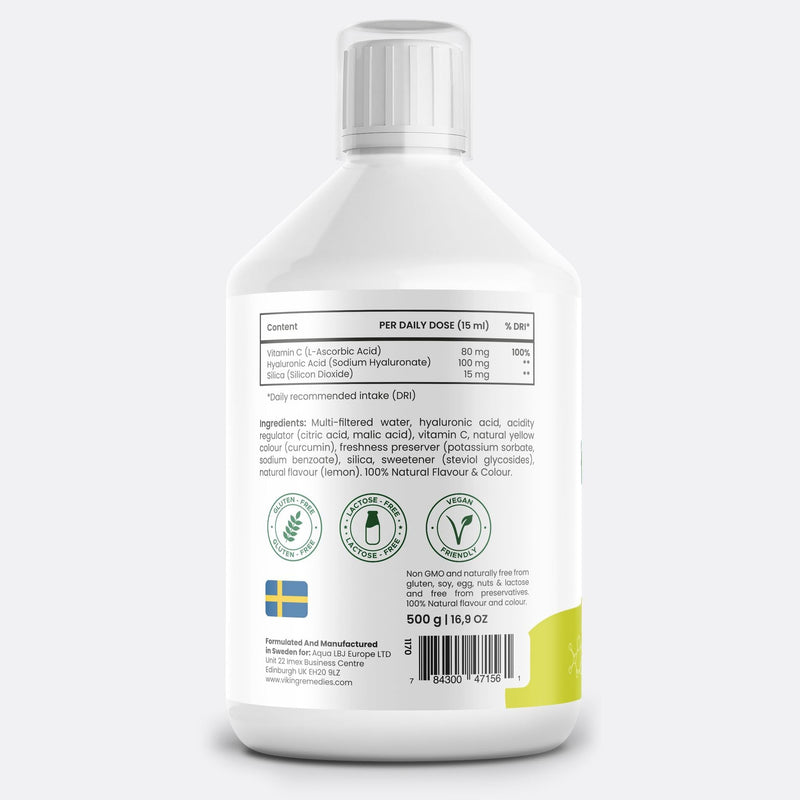 Liquid Hyaluronic Acid 100mg – Vegan Lemon Flavour – High Strength Skin & Joint Support – 500ml Sugar-Free Supplement – Made in Sweden