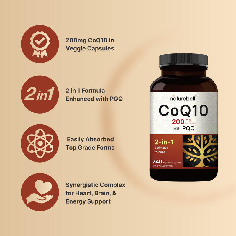 [Australia] - NatureBell CoQ10 200mg with PQQ, 240 Veggie Capsules | Stable High Absorption Form ‚Äì Antioxidant Support for Heart, & Energy Health ‚Äì Extra Strength Coenzyme Q10 Supplement 