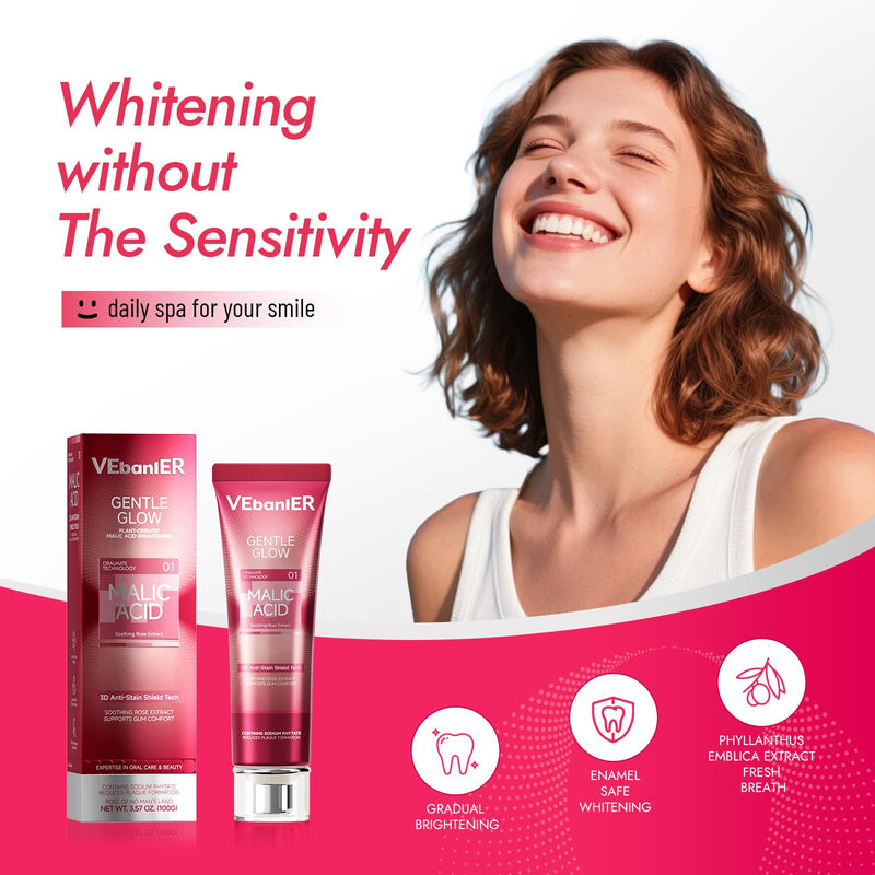 MALIC Acid Teeth Whitening Toothpaste,Natural Care Deep Stain Removal&Plaque,Fluoride Free,Non Toxic,for Adults, Kids and Sensitive Teeth，with Niacinamide，3.57oz.