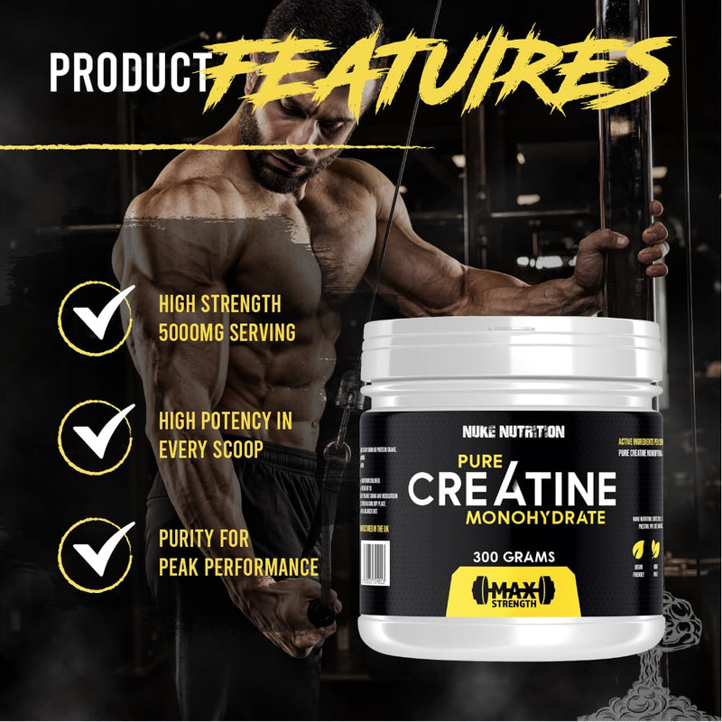 Nuke Nutrition Creatine Monohydrate Powder 300g - Micronised Creatine Powder for Gym Workout - Unflavoured Muscle Building Supplements for Post and Pre-Workout - Improve Performance & Bolster Strength