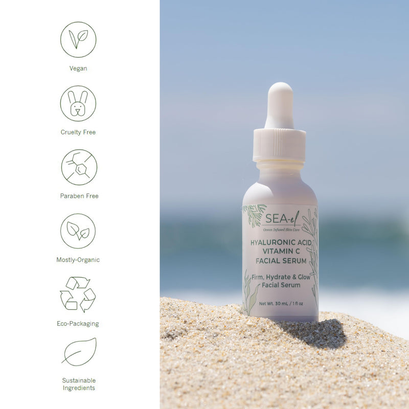 Sea-el Hyaluronic Acid & Vitamin C Facial Serum Drops Firming Hydration & Glow Anti Aging Face Moisturizer - Daily Wrinkle Diminishing Skin Care for Women & Men, Vegan - 1 Fl Oz