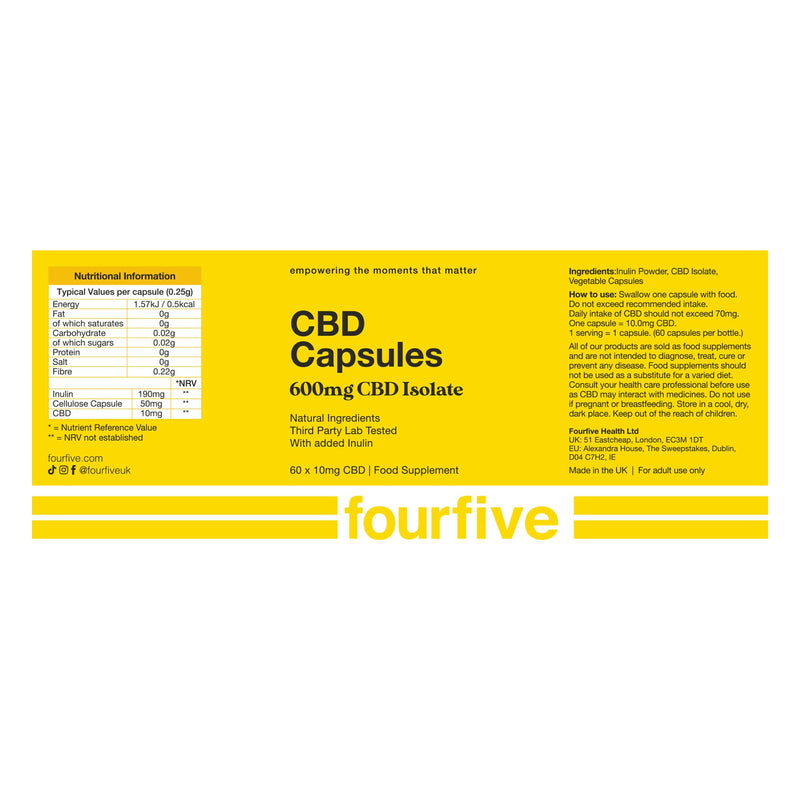 fourfive CBD Capsules 600mg (High Strength) Unflavoured, Muscle & Sleep Aid, Natural & Vegan Friendly - 60 Capsules 60 count (Pack of 1)