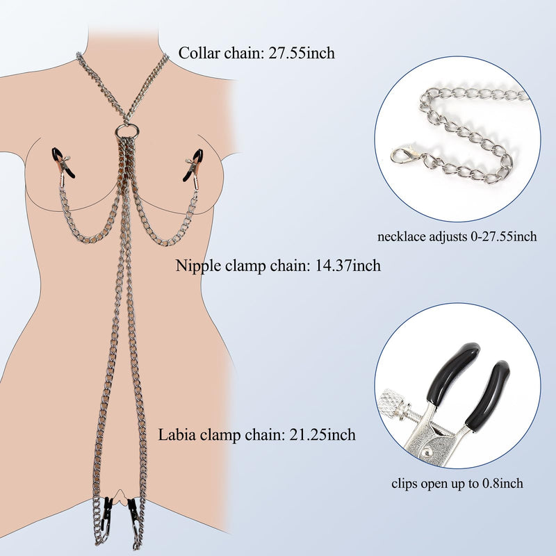 BDSM Sexy Nipple Clamps Pussy Clamps with Chain Non-Piercing Set Body Jewelry, Adjustable Breast Clips Labia Clit Clamp, Sex Bondage Restraint Fetish Flirting Kinky Sex Toys for Women (Silver) Silver