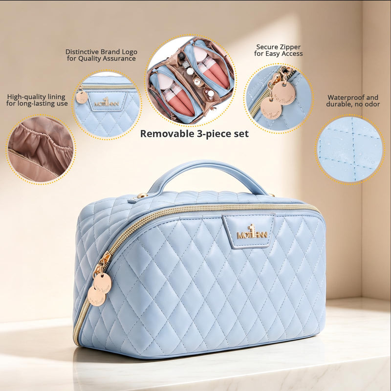 Travel Makeup Bags Cosmetic Organizer: 3Pcs Set Puffy Make up Bag for Women | Blue Premium Quilted ELEGANCE Design | Large Capacity Leather Toiletry Bags | Wide Open Compact Case for Travel Essentials 03 Blue