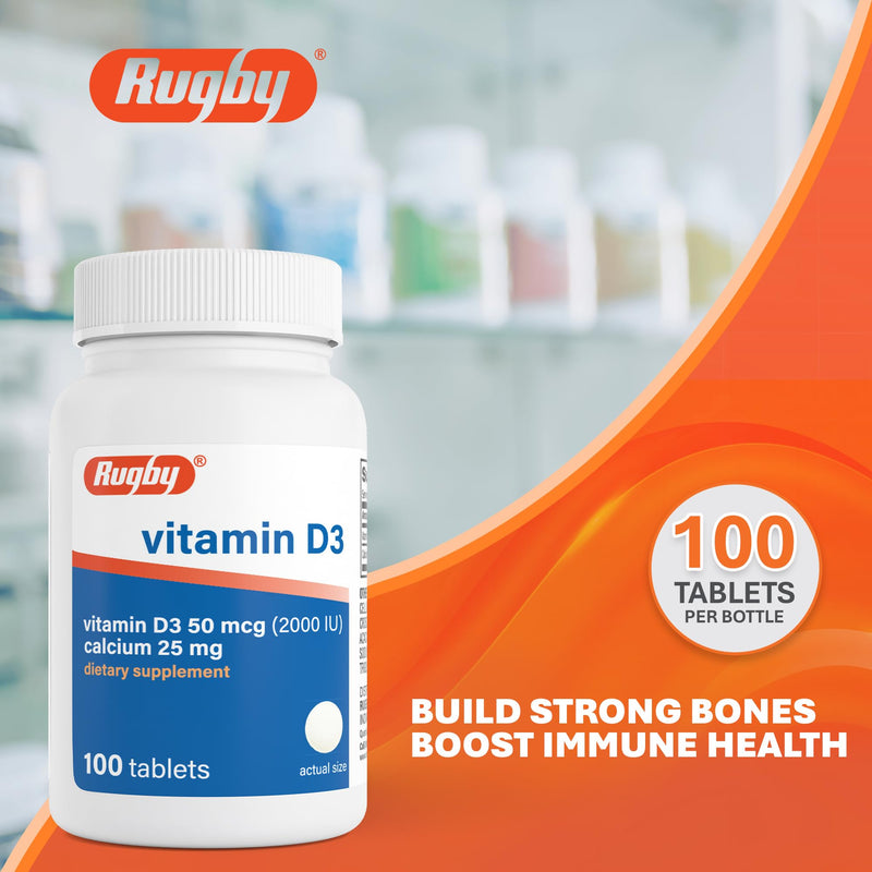 Rugby Vitamin D3 2000 IU (50 mcg) Tablets with Calcium 25 mg, 100 Count | Gluten-Free Supplements, Helps Support Calcium Absorption, for Bones, Teeth & Immunity, for Low Sun Exposure & Aging Adults