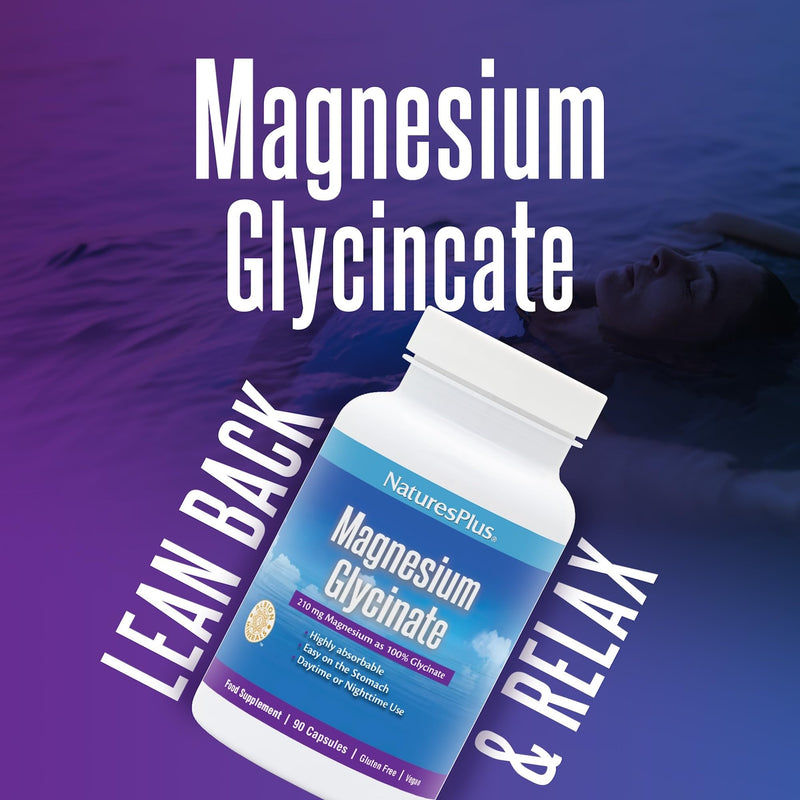 NaturesPlus Magnesium Glycinate Capsules for Stress Support, Rest and Relaxation - Vegan, Gluten Free - 90 Capsules 90 count (Pack of 1)