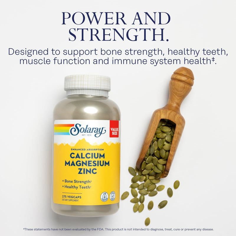 [Australia] - SOLARAY Calcium Magnesium Zinc Supplement - with Calcium 1000mg, Magnesium 500mg - Bone Health, Muscle Function, Heart Health and Immune Support - Vegan, 60 Day Guarantee, 68 Servings, 275 VegCaps 275 Count (Pack of 1) 